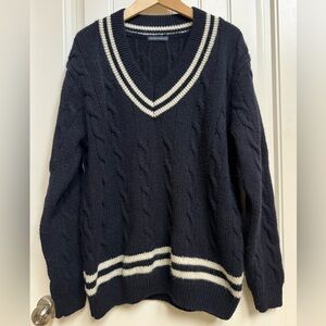 Brandy Melville Navy Blue Nikki Heavy Wool Striped Cable Knit V Neck Sweater. OS